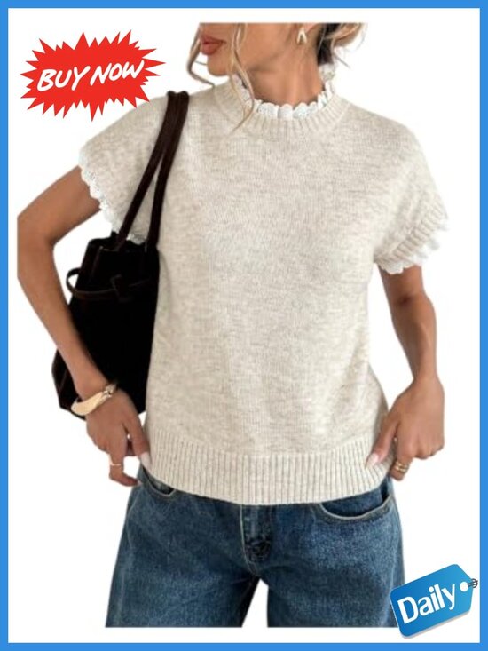 Other - Lace Ruffle Hem Mock Neck Knit Pullover Sweater Vest Cap Sleeve